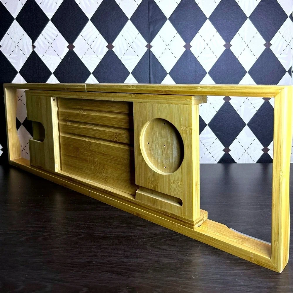 Expandable Bamboo Bathtub Caddy Tray Spa Bath Shelf with Wine Glass Holder